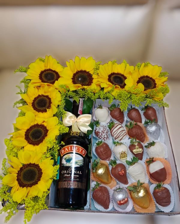 Girasoles, 20 fresas decoradas y baileys R70
