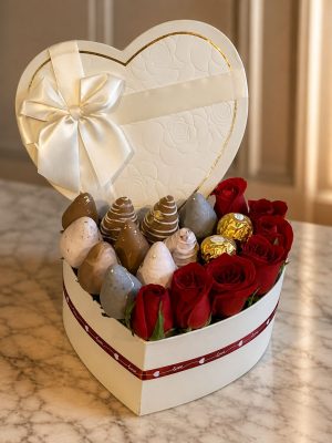 Corazón fresas achocolatadas, ferrero y rosas R141